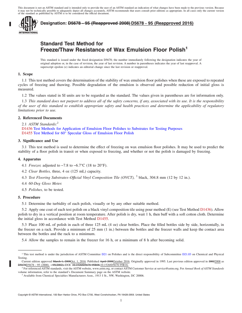 REDLINE ASTM D5678-95(2016) - Standard Test Method for  Freeze/Thaw Resistance of Wax Emulsion Floor Polish