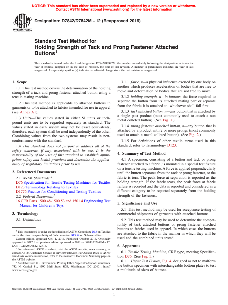 ASTM D7842/D7842M-12(2016) - Standard Test Method for Holding Strength of Tack and Prong Fastener Attached Buttons