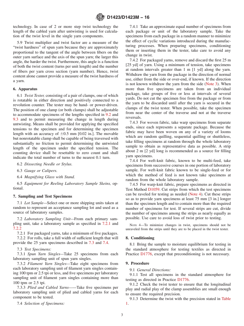 ASTM D1423/D1423M-16 - Standard Test Method for  Twist in Yarns by Direct-Counting