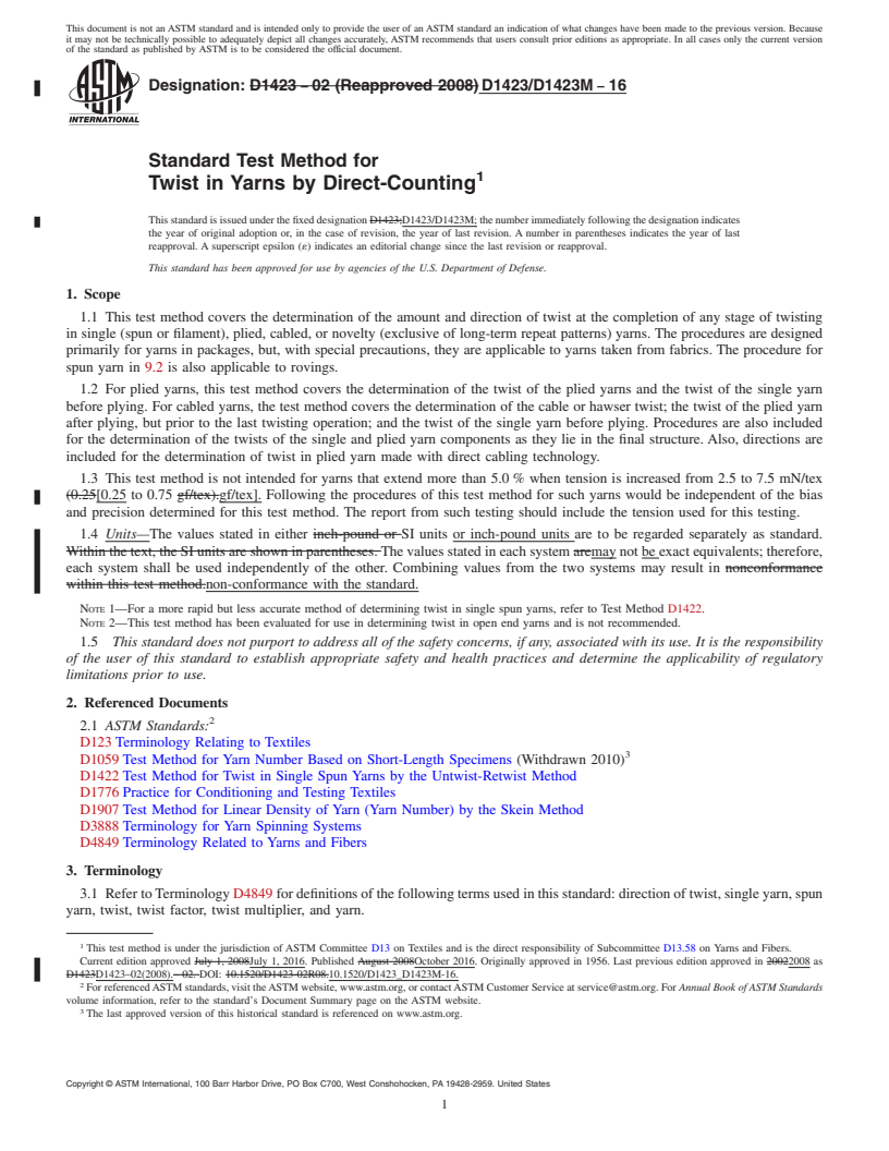 REDLINE ASTM D1423/D1423M-16 - Standard Test Method for  Twist in Yarns by Direct-Counting