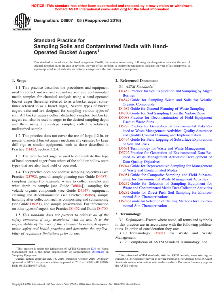 ASTM D6907-05(2016) - Standard Practice for  Sampling Soils and Contaminated Media with Hand-Operated Bucket  Augers