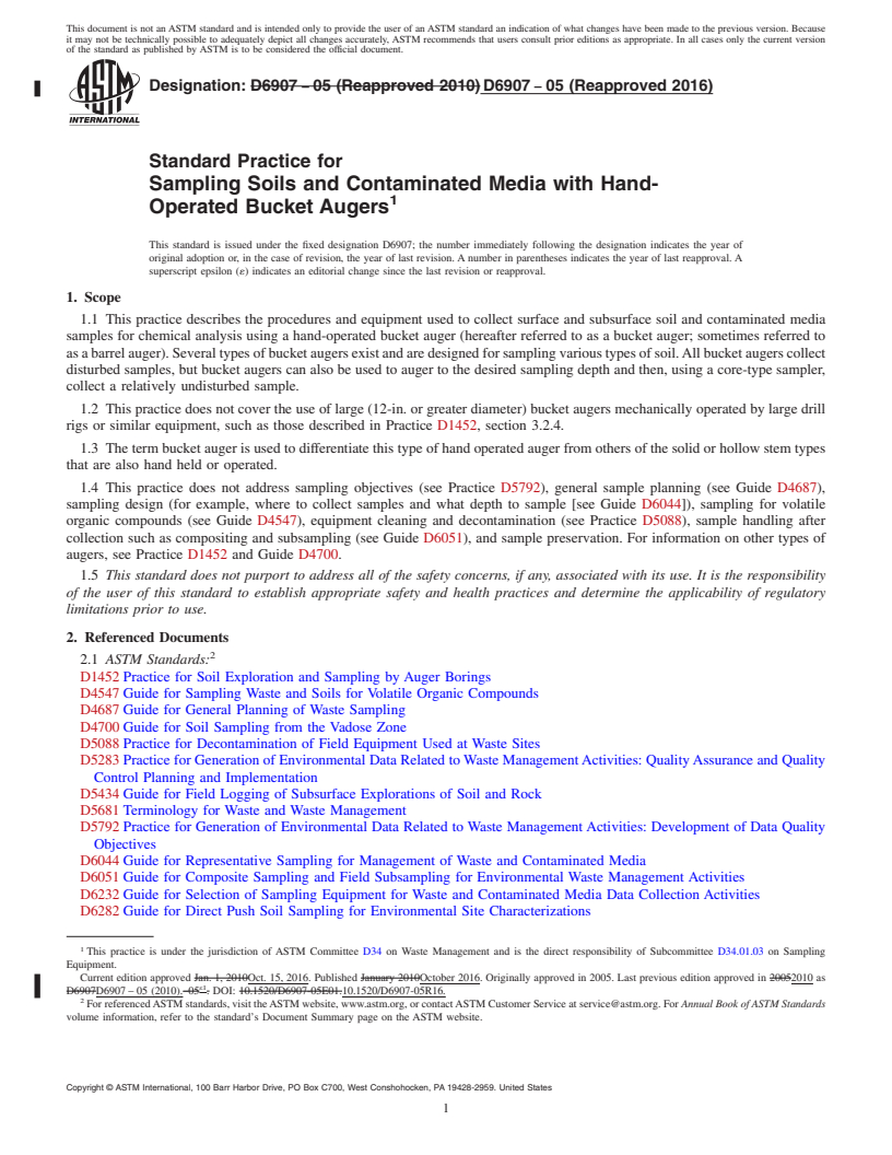 REDLINE ASTM D6907-05(2016) - Standard Practice for  Sampling Soils and Contaminated Media with Hand-Operated Bucket  Augers