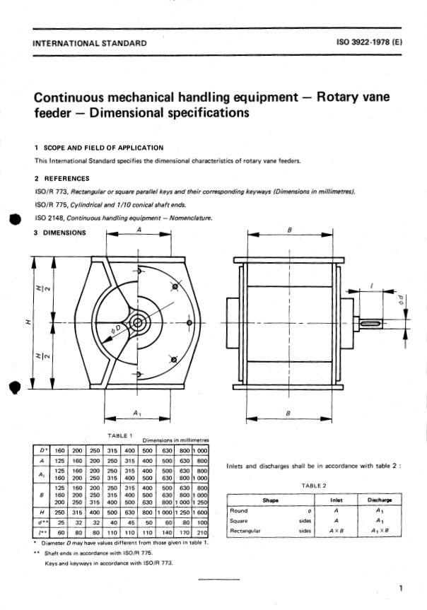 ISO 3922:1978 - Continuous mechanical handling equipment -- Rotary vane feeder -- Dimensional specifications