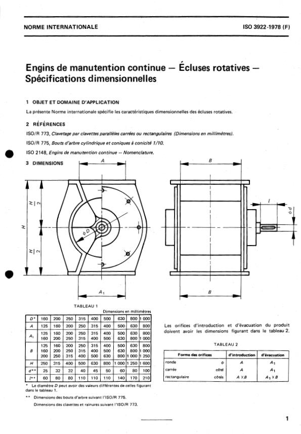 ISO 3922:1978 - Engins de manutention continue -- Écluses rotatives -- Spécifications dimensionnelles