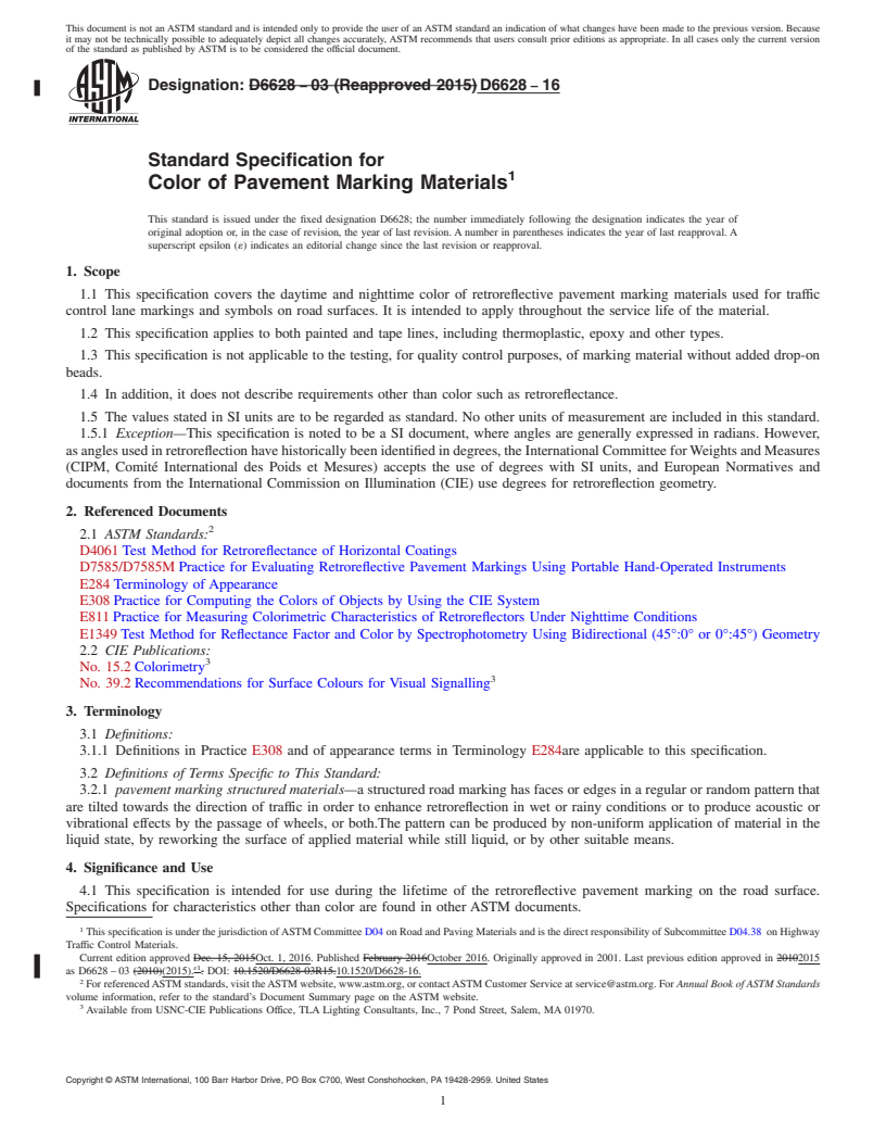 REDLINE ASTM D6628-16 - Standard Specification for Color of Pavement Marking Materials