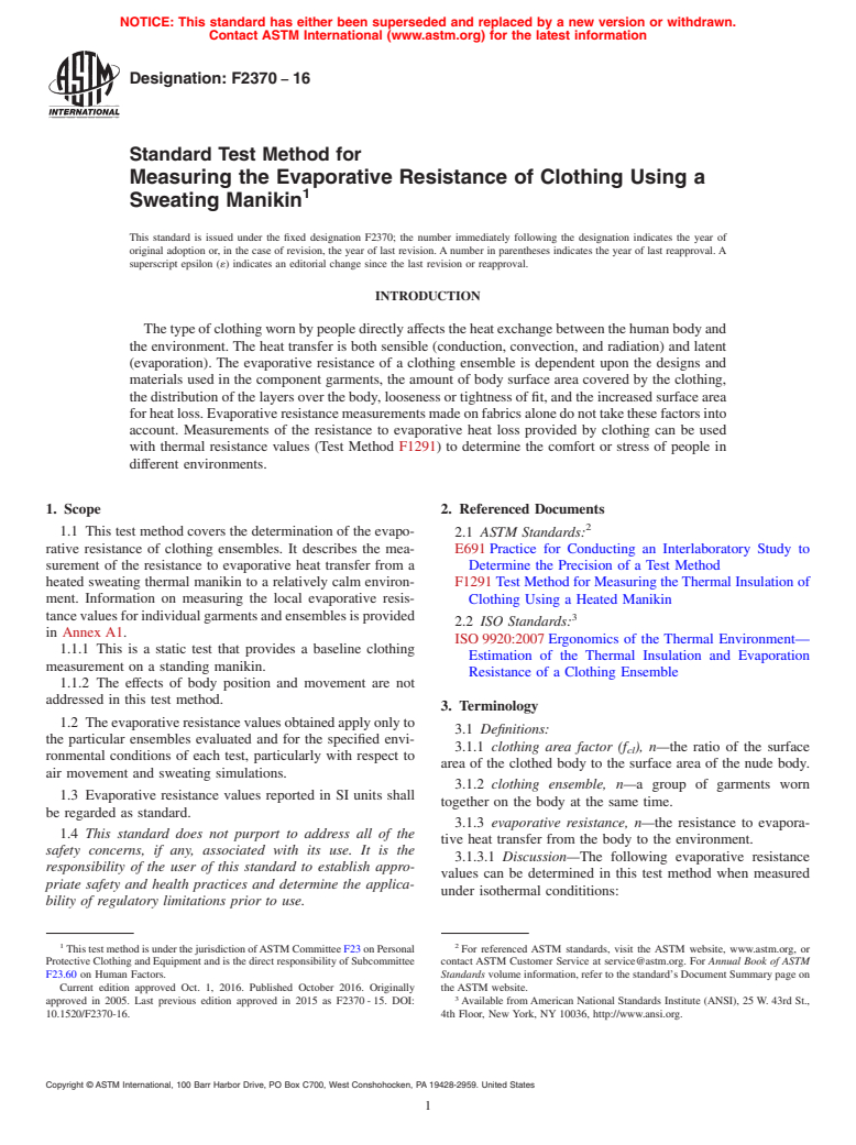 ASTM F2370-16 - Standard Test Method for Measuring the Evaporative Resistance of Clothing Using a Sweating  Manikin