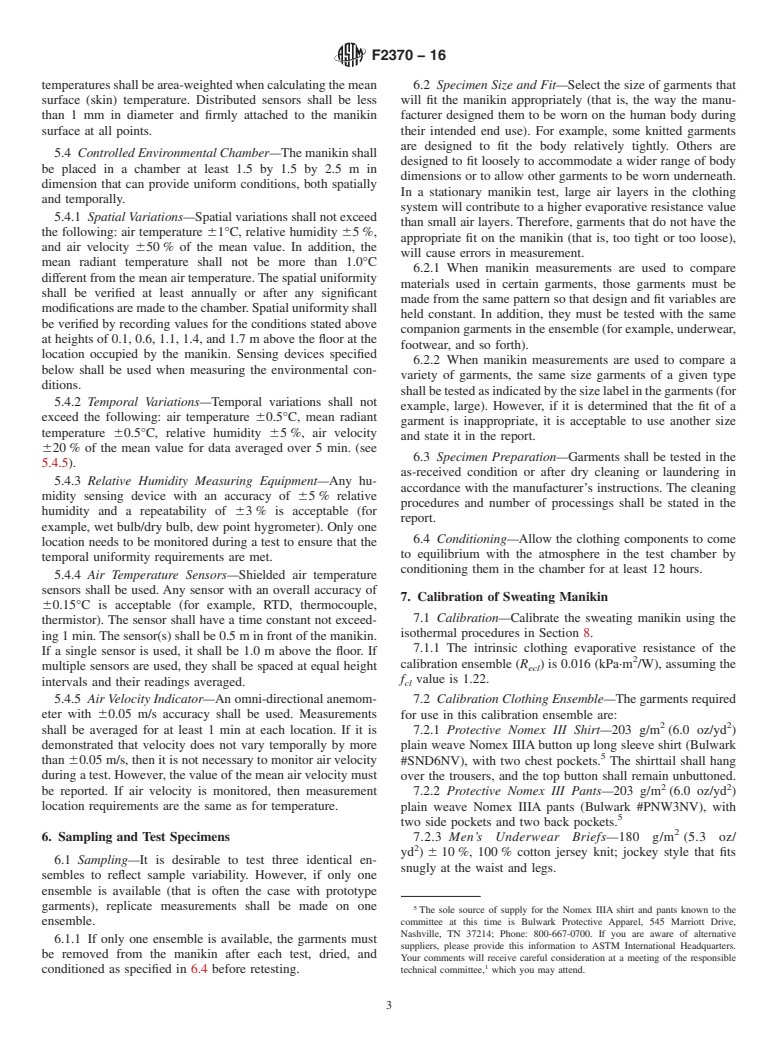 ASTM F2370-16 - Standard Test Method for Measuring the Evaporative Resistance of Clothing Using a Sweating  Manikin