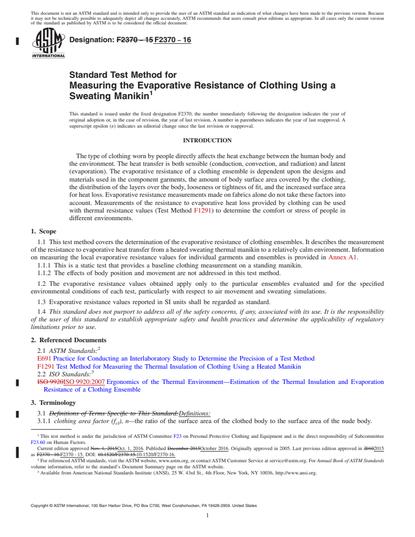 REDLINE ASTM F2370-16 - Standard Test Method for Measuring the Evaporative Resistance of Clothing Using a Sweating  Manikin