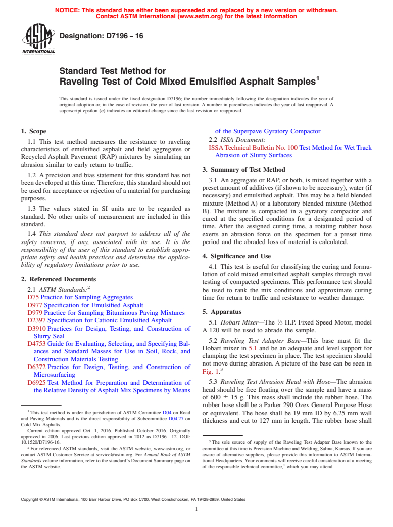 ASTM D7196-16 - Standard Test Method for  Raveling Test of Cold Mixed Emulsified Asphalt Samples