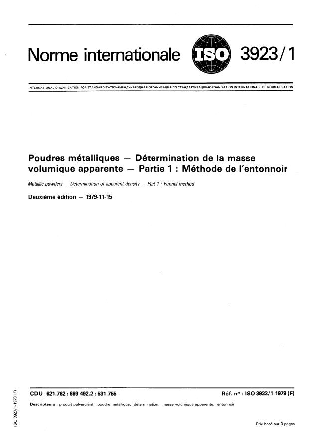 ISO 3923-1:1979 - Poudres métalliques -- Détermination de la masse volumique apparente