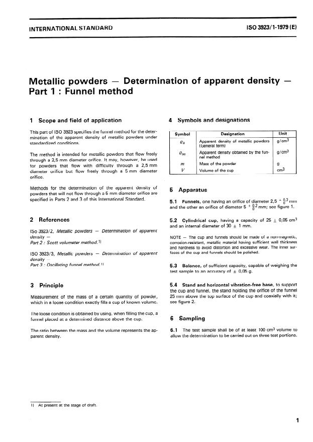 ISO 3923-1:1979 - Metallic powders -- Determination of apparent density