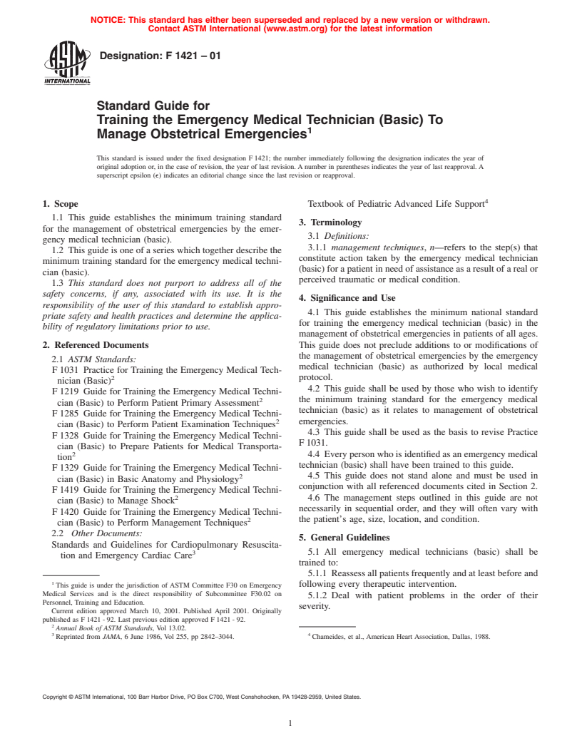 ASTM F1421-01 - Standard Guide for Training the Emergency Medical Technician (Basic) To Manage Obstetrical Emergencies (Withdrawn 2007)