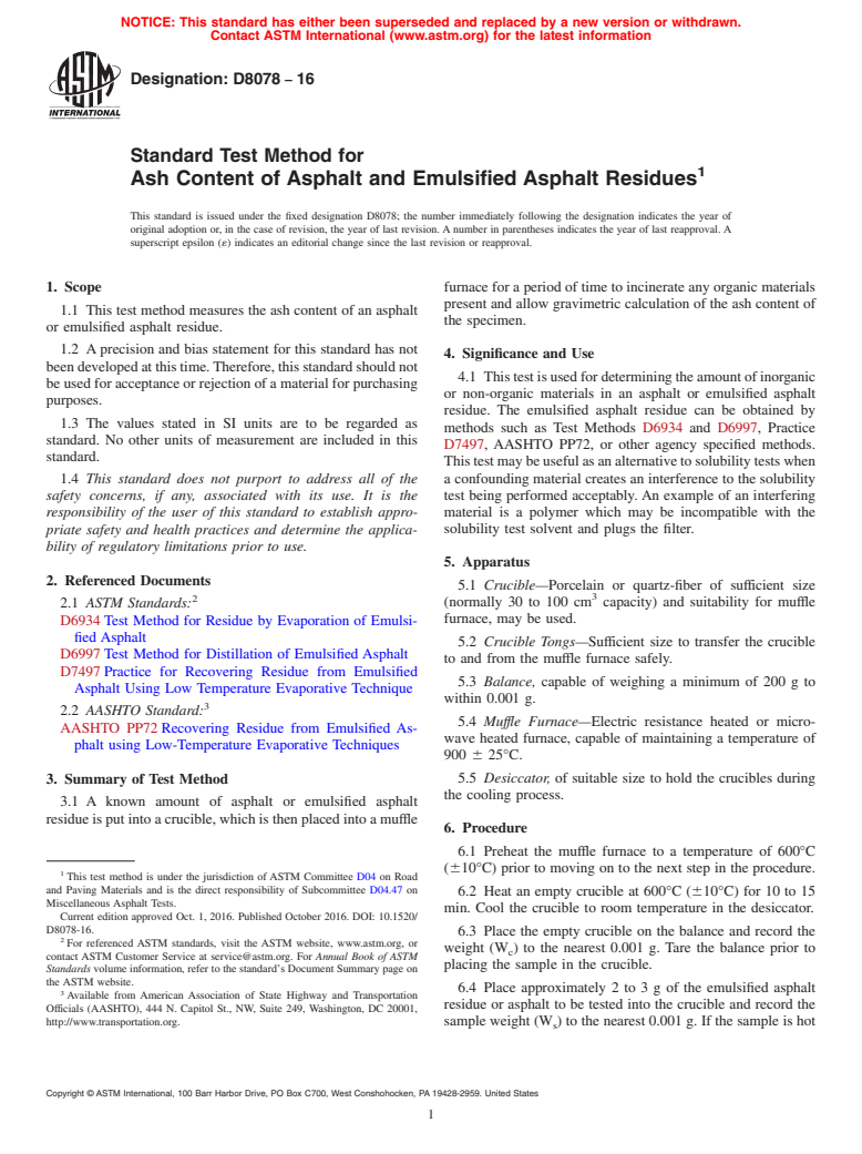 ASTM D8078-16 - Standard Test Method for Ash Content of Asphalt and Emulsified Asphalt Residues