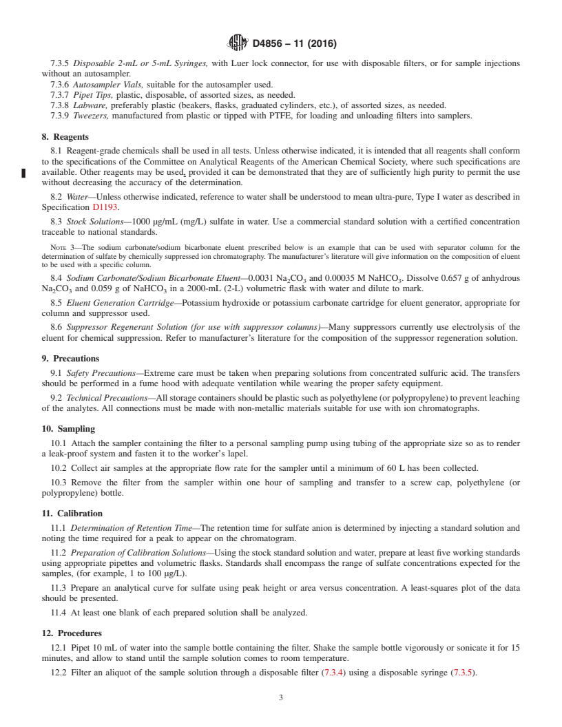 REDLINE ASTM D4856-11(2016) - Standard Test Method for  Determination of Sulfuric Acid Mist in Workplace Atmospheres  Collected on Mixed Cellulose Ester Filters (Ion Chromatographic Analysis)