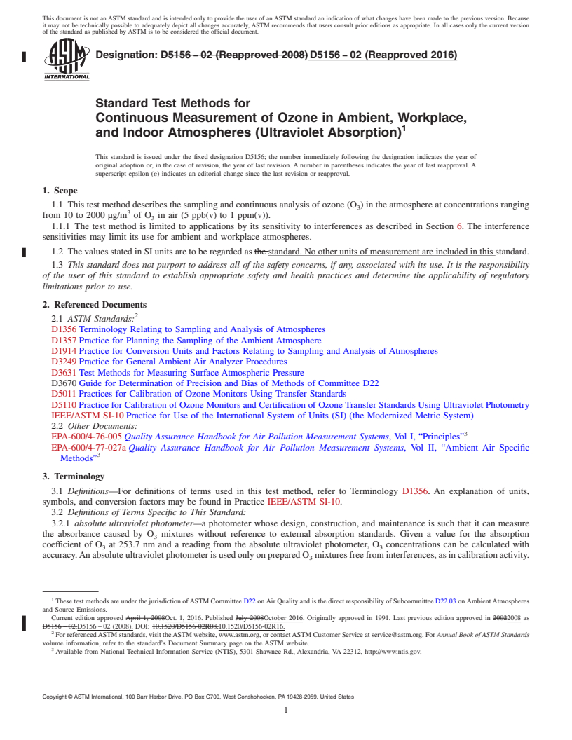 REDLINE ASTM D5156-02(2016) - Standard Test Methods for  Continuous Measurement of Ozone in Ambient, Workplace, and  Indoor Atmospheres (Ultraviolet Absorption)