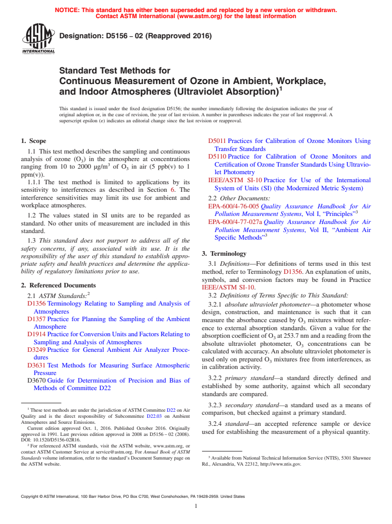 ASTM D5156-02(2016) - Standard Test Methods for  Continuous Measurement of Ozone in Ambient, Workplace, and  Indoor Atmospheres (Ultraviolet Absorption)