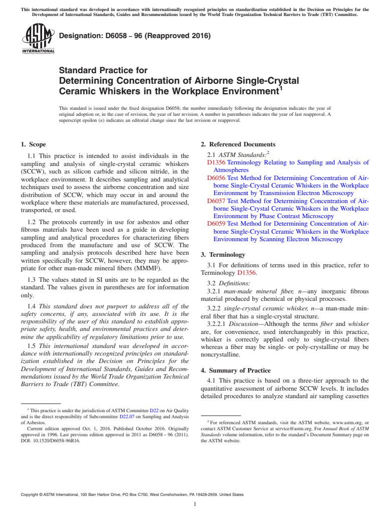 ASTM D6058-96(2016) - Standard Practice for  Determining Concentration of Airborne Single-Crystal Ceramic  Whiskers in the Workplace Environment