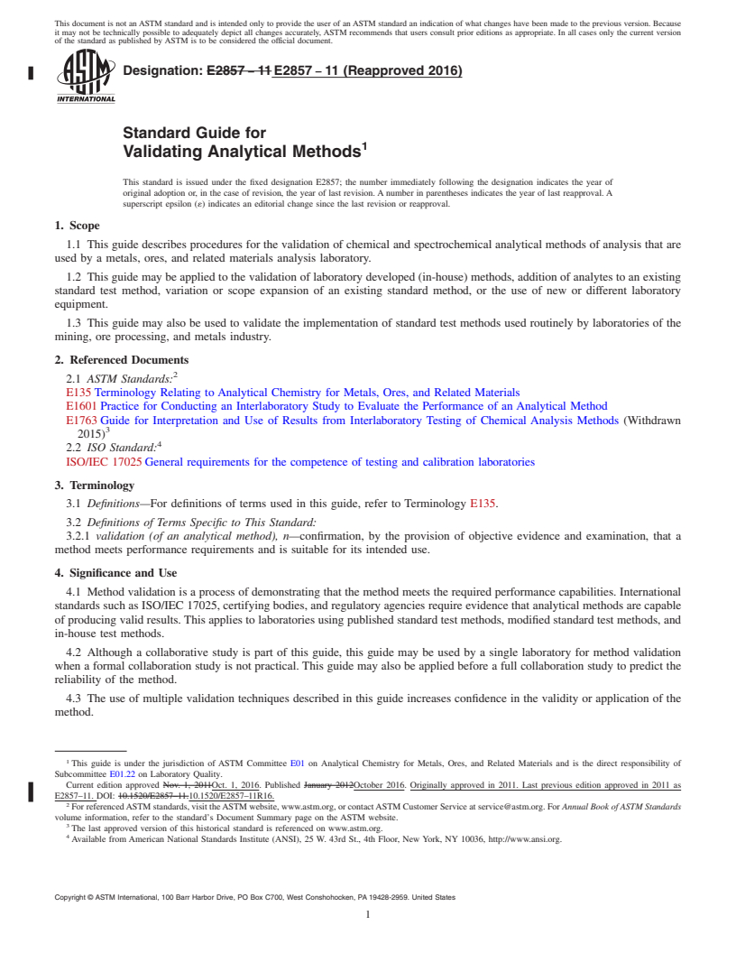 REDLINE ASTM E2857-11(2016) - Standard Guide for  Validating Analytical Methods