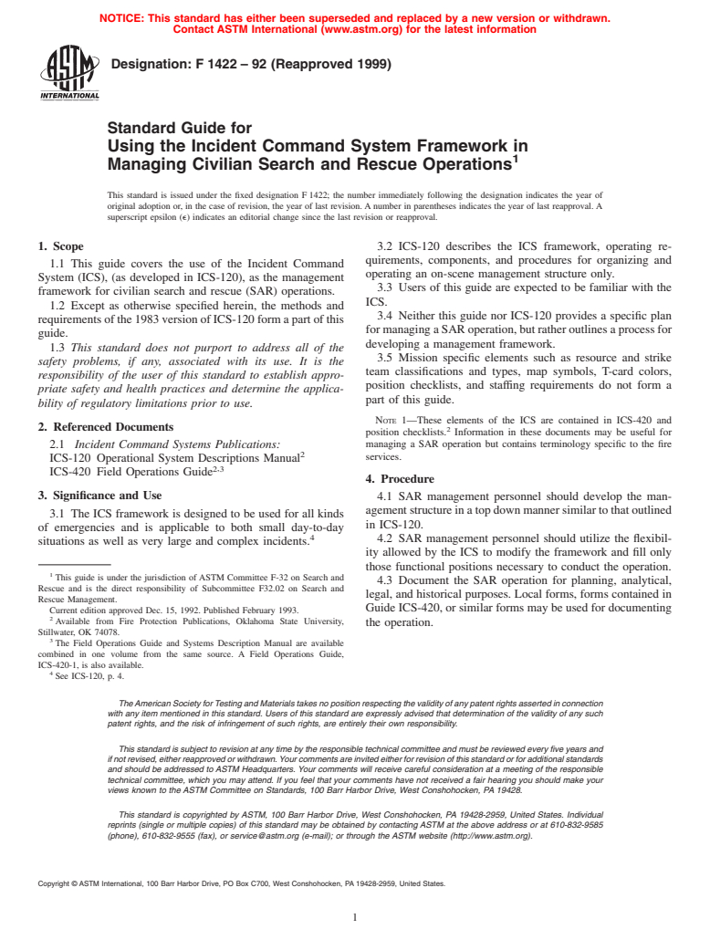 ASTM F1422-92(1999) - Standard Guide for Using the Incident Command System Framework in Managing Civilian Search and Rescue Operations