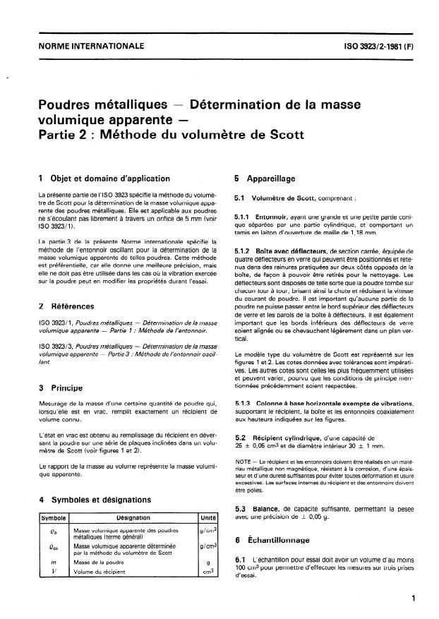 ISO 3923-2:1981 - Poudres métalliques -- Détermination de la masse volumique apparente