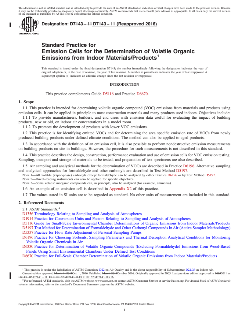 REDLINE ASTM D7143-11(2016) - Standard Practice for  Emission Cells for the Determination of Volatile Organic Emissions  from Indoor Materials/Products