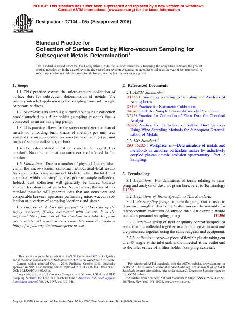 ASTM D7144-05a(2016) - Standard Practice for  Collection of Surface Dust by Micro-vacuum Sampling for Subsequent  Metals Determination