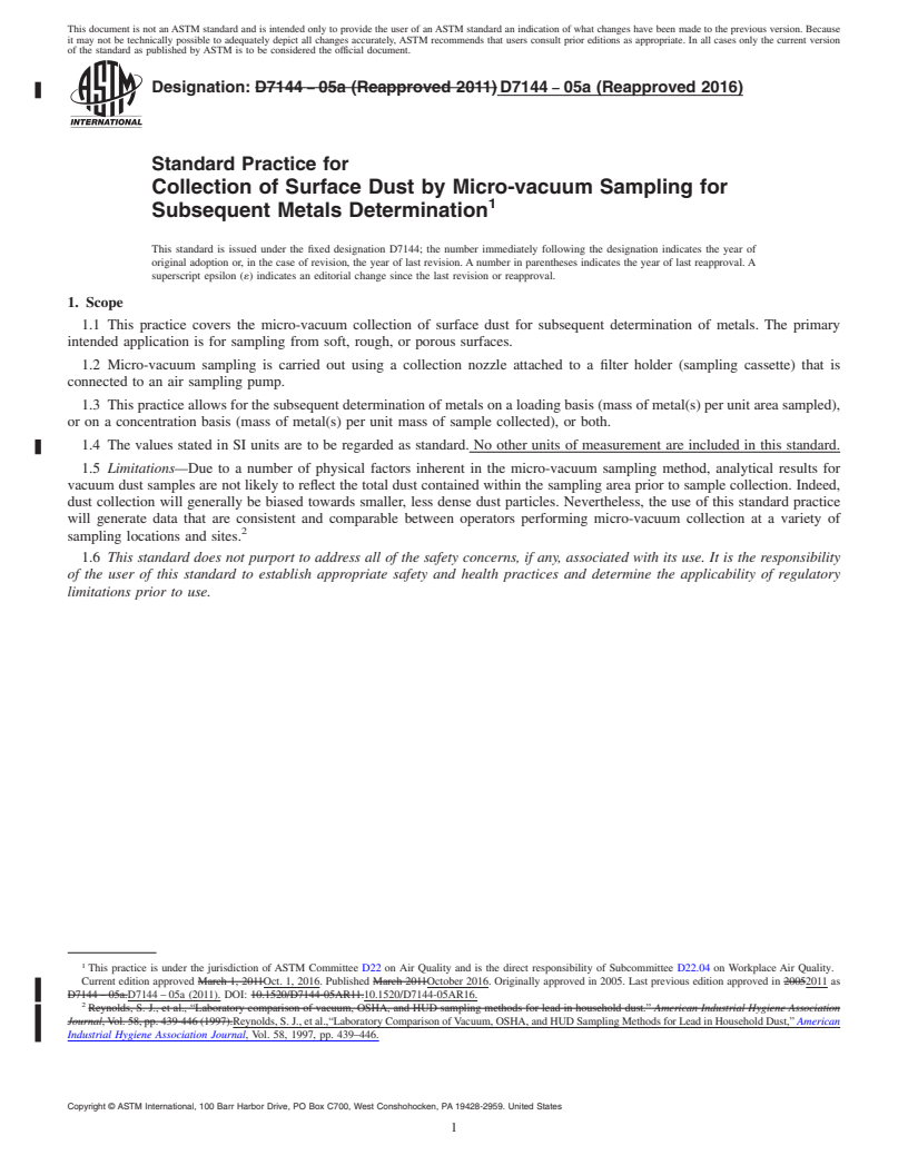 REDLINE ASTM D7144-05a(2016) - Standard Practice for  Collection of Surface Dust by Micro-vacuum Sampling for Subsequent  Metals Determination