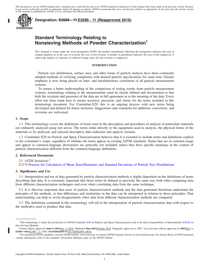 REDLINE ASTM E2589-11(2016) - Standard Terminology Relating to Nonsieving Methods of Powder Characterization