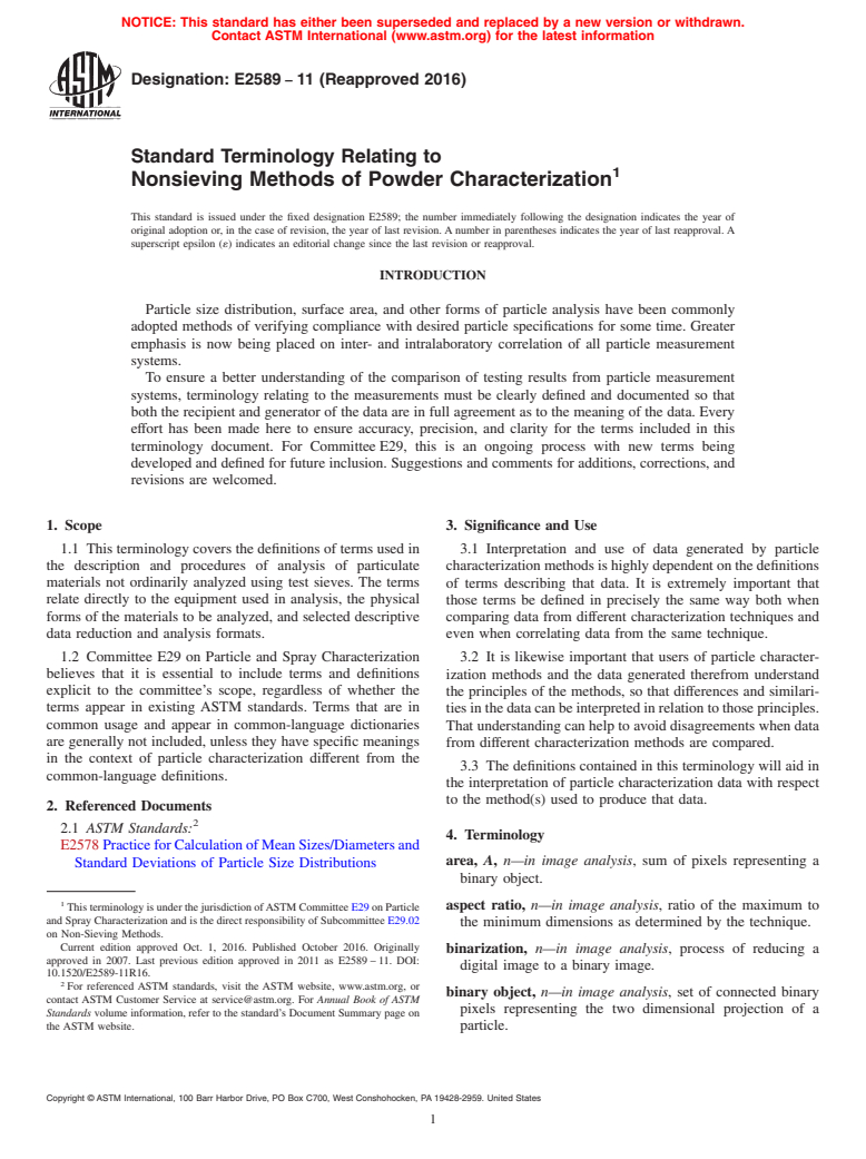 ASTM E2589-11(2016) - Standard Terminology Relating to Nonsieving Methods of Powder Characterization