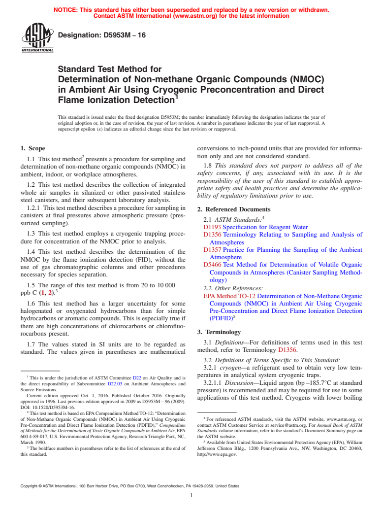 ASTM D5953M-16 - Standard Test Method for  Determination of Non-methane Organic Compounds (NMOC) in Ambient  Air Using Cryogenic Preconcentration and Direct Flame Ionization Detection