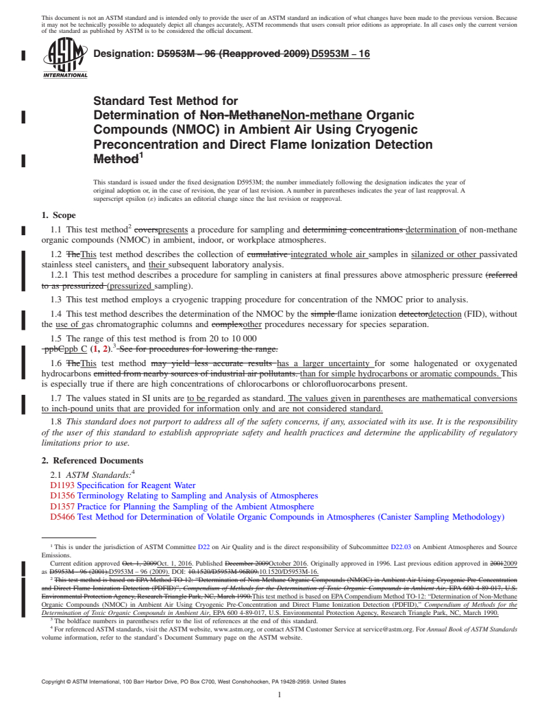 REDLINE ASTM D5953M-16 - Standard Test Method for  Determination of Non-methane Organic Compounds (NMOC) in Ambient  Air Using Cryogenic Preconcentration and Direct Flame Ionization Detection