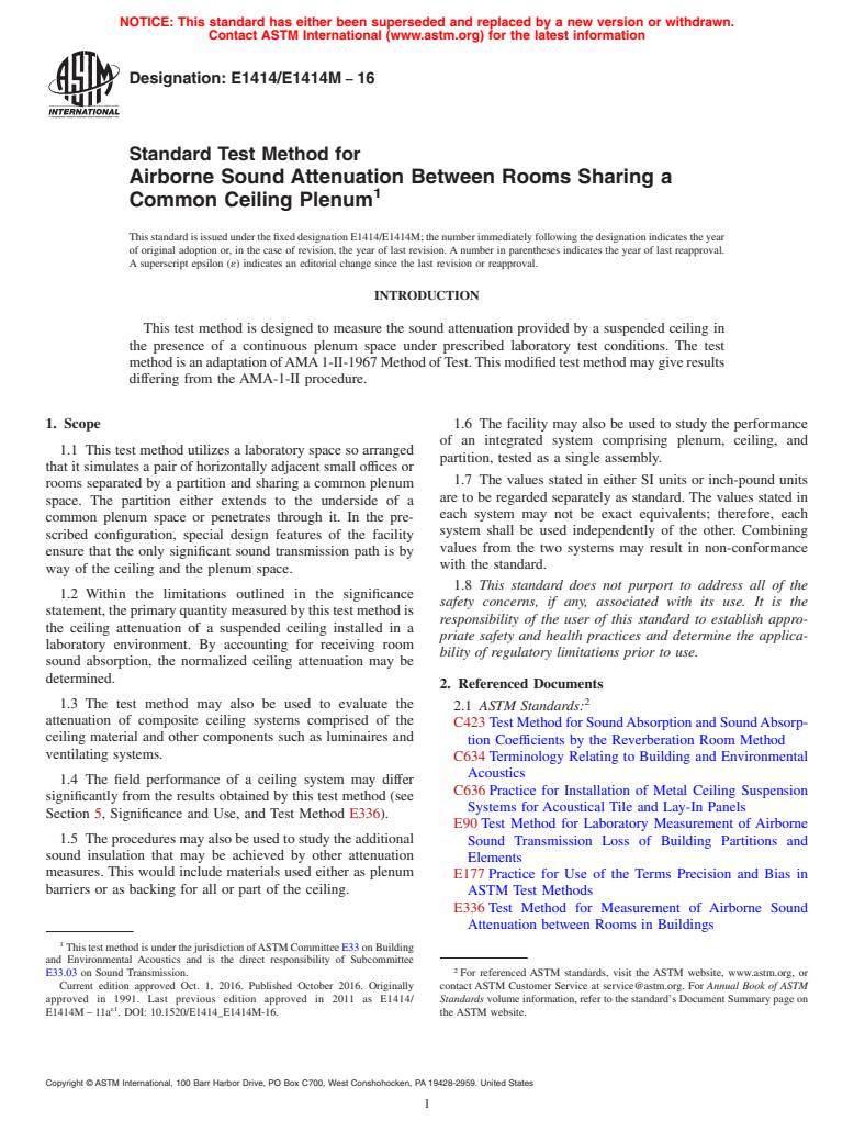 ASTM E1414/E1414M-16 - Standard Test Method for  Airborne Sound Attenuation Between Rooms Sharing a Common Ceiling  Plenum