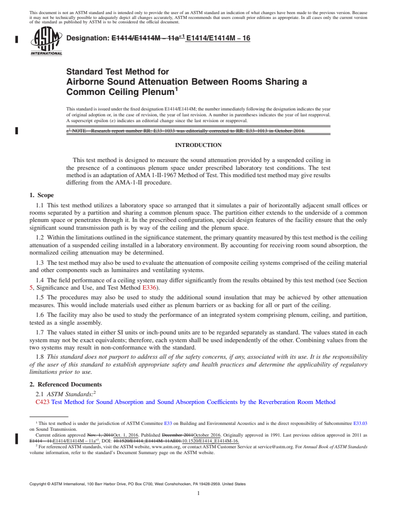 REDLINE ASTM E1414/E1414M-16 - Standard Test Method for  Airborne Sound Attenuation Between Rooms Sharing a Common Ceiling  Plenum