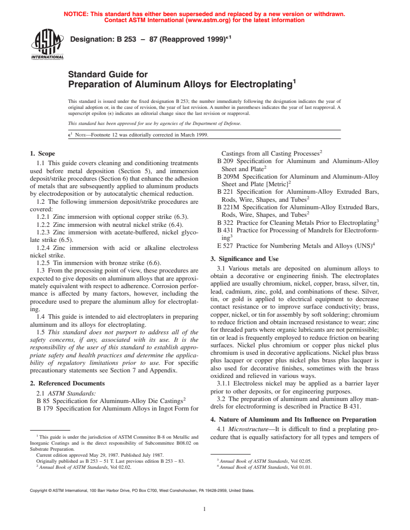 ASTM B253-87(1999)e1 - Standard Guide for Preparation of Aluminum Alloys for Electroplating