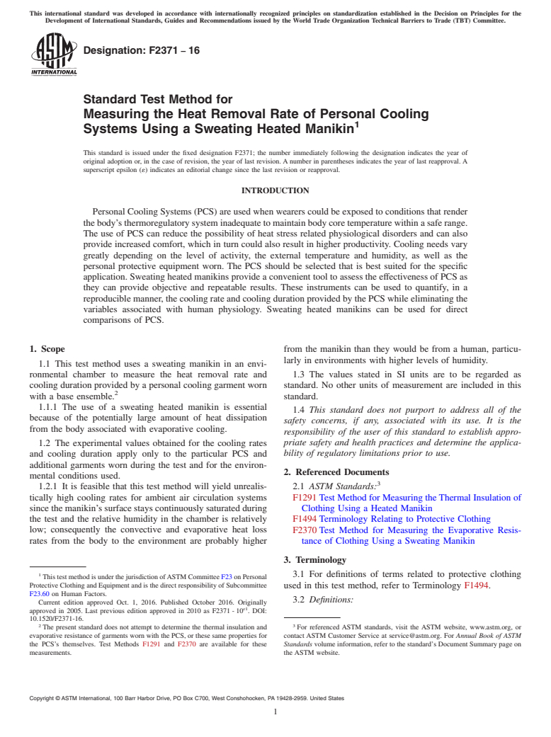 ASTM F2371-16 - Standard Test Method for  Measuring the Heat Removal Rate of Personal Cooling Systems  Using a Sweating Heated Manikin
