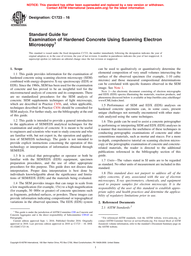 ASTM C1723-16 - Standard Guide for  Examination of Hardened Concrete Using Scanning Electron Microscopy