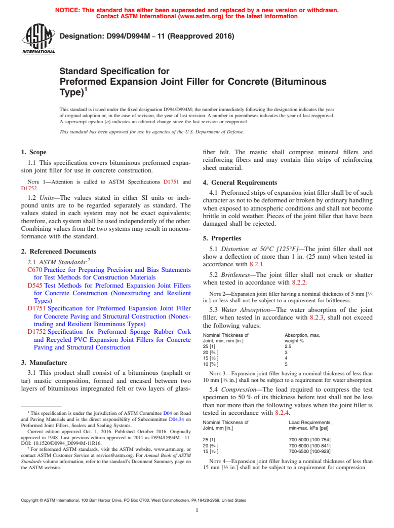 ASTM D994/D994M-11(2016) - Standard Specification for Preformed Expansion Joint Filler for Concrete (Bituminous Type)