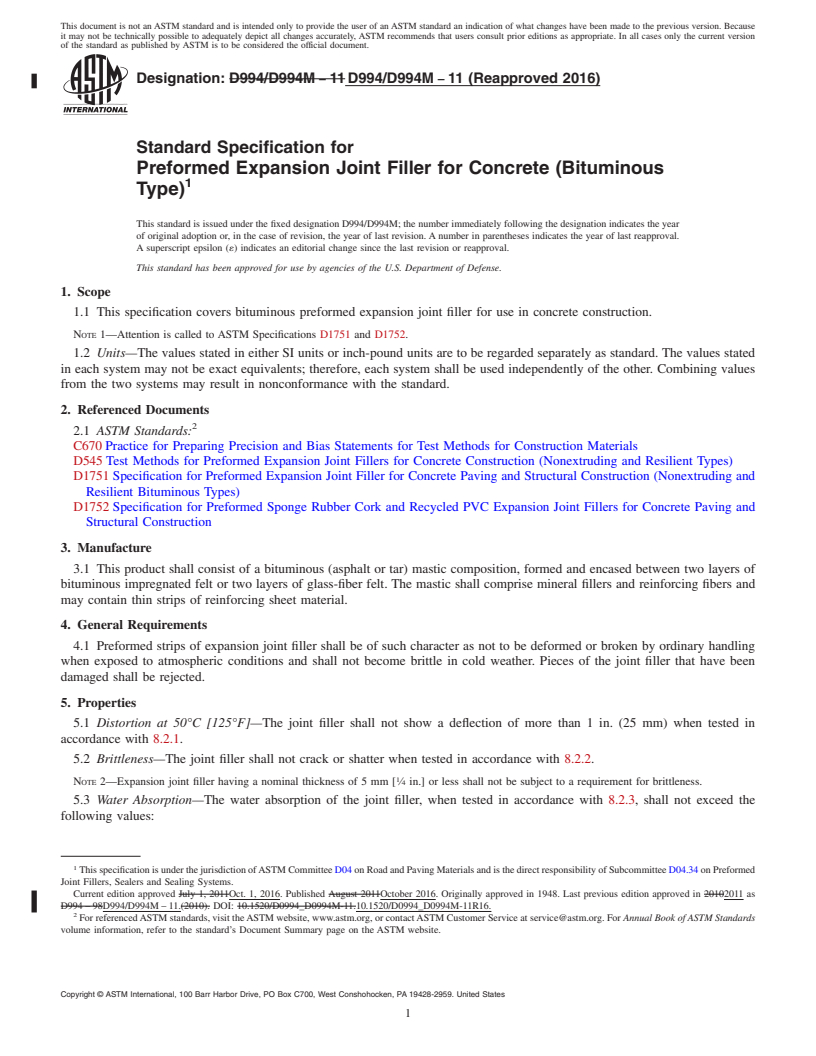 REDLINE ASTM D994/D994M-11(2016) - Standard Specification for Preformed Expansion Joint Filler for Concrete (Bituminous Type)