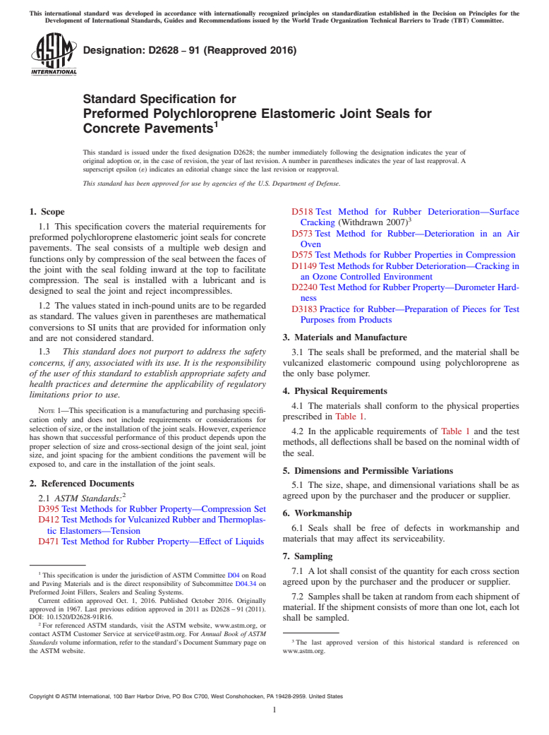 ASTM D2628-91(2016) - Standard Specification for  Preformed Polychloroprene Elastomeric Joint Seals for Concrete  Pavements