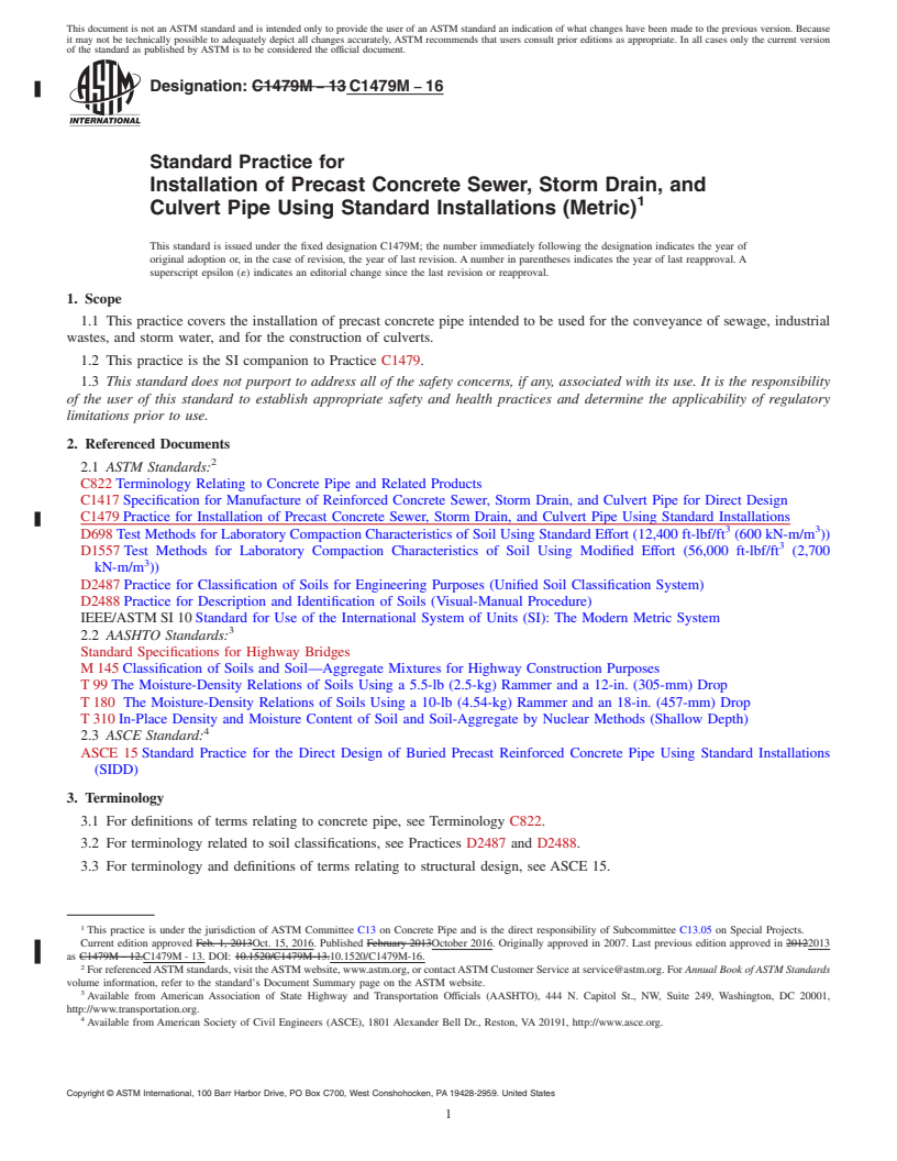 REDLINE ASTM C1479M-16 - Standard Practice for  Installation of Precast Concrete Sewer, Storm Drain, and Culvert   Pipe Using Standard Installations (Metric)