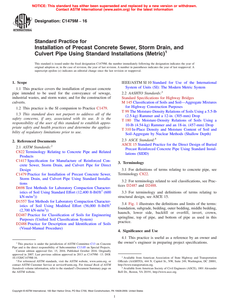 ASTM C1479M-16 - Standard Practice for  Installation of Precast Concrete Sewer, Storm Drain, and Culvert   Pipe Using Standard Installations (Metric)