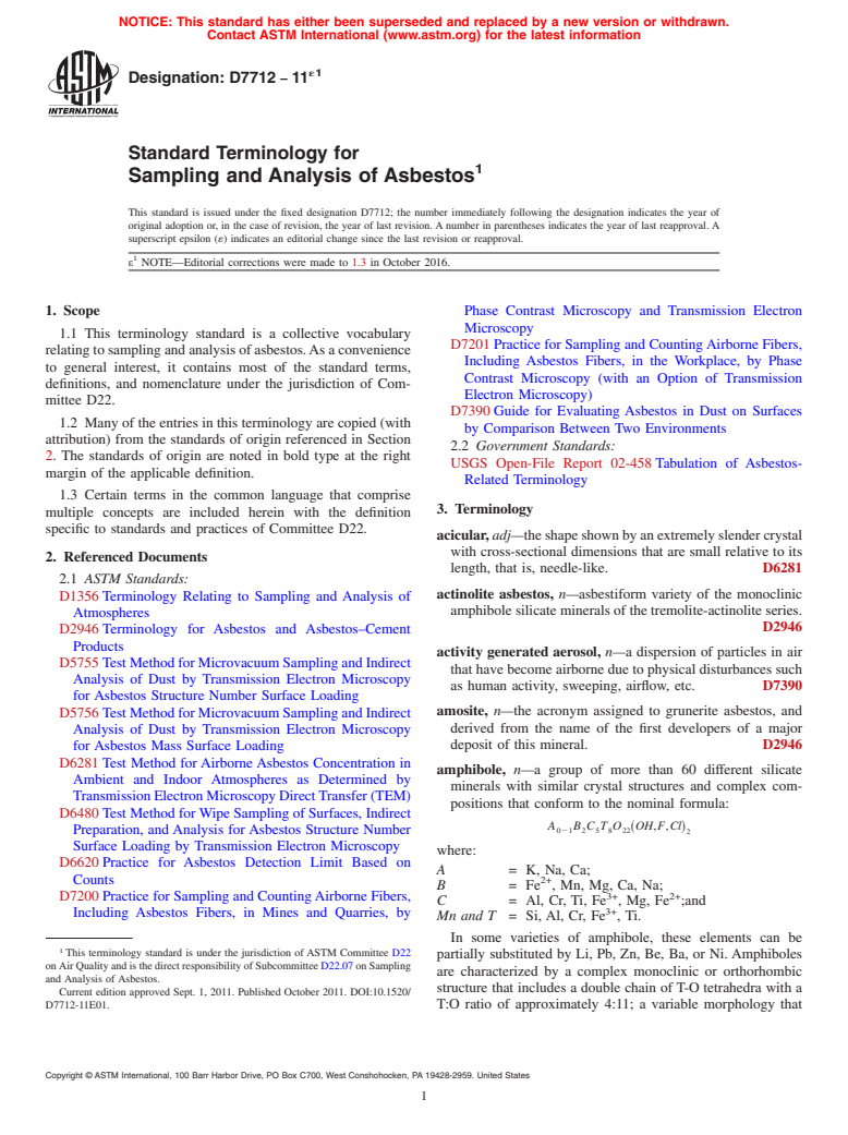 ASTM D7712-11e1 - Standard Terminology for  Sampling and Analysis of Asbestos