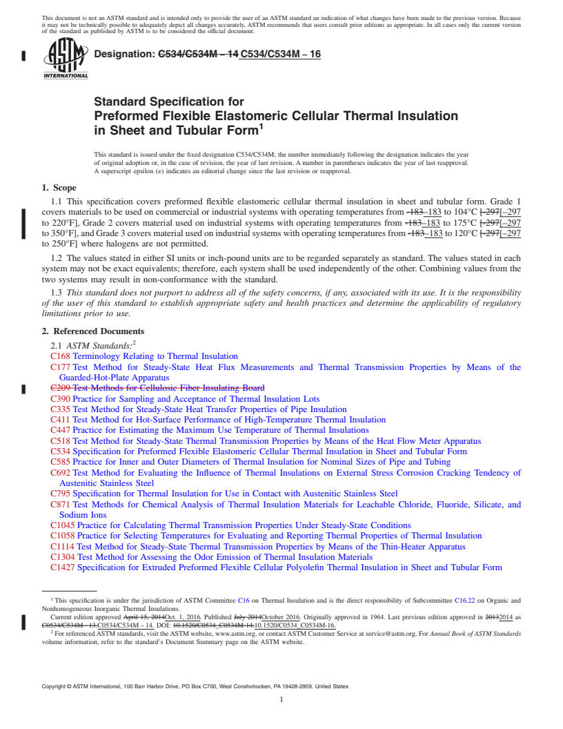 REDLINE ASTM C534/C534M-16 - Standard Specification for Preformed Flexible Elastomeric Cellular Thermal Insulation  in Sheet and Tubular Form