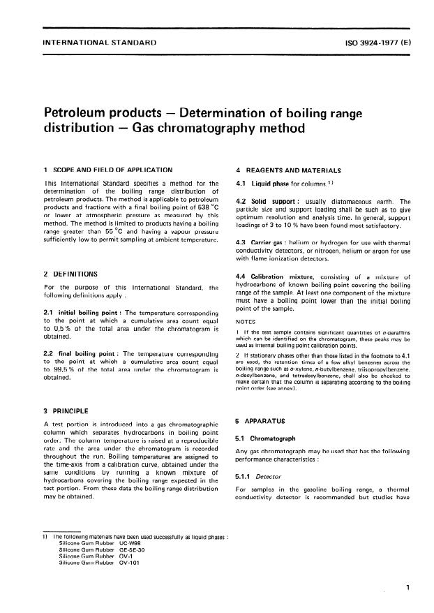 ISO 3924:1977 - Petroleum products -- Determination of boiling range distribution -- Gas chromatography method