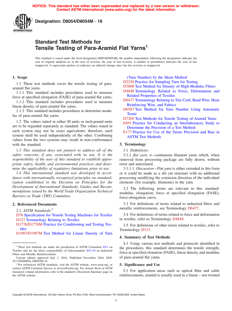 ASTM D8054/D8054M-16 - Standard Test Methods for Tensile Testing of Para-Aramid Flat Yarns