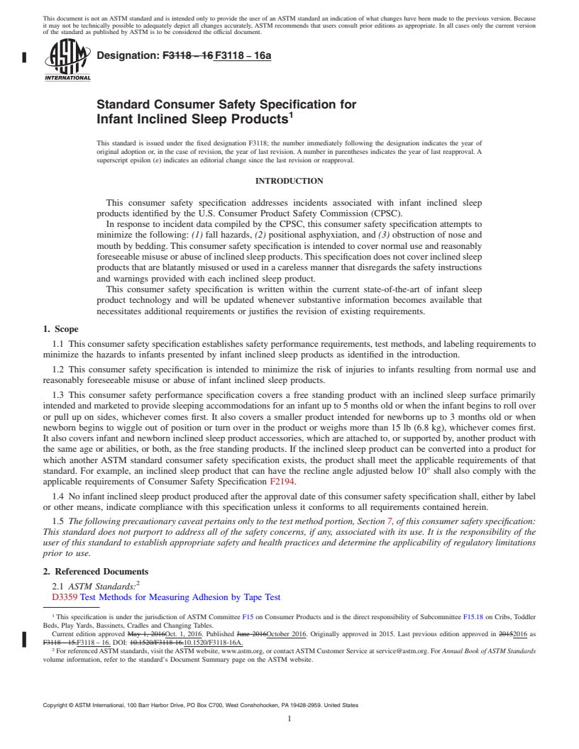 REDLINE ASTM F3118-16a - Standard Consumer Safety Specification for Infant Inclined Sleep Products