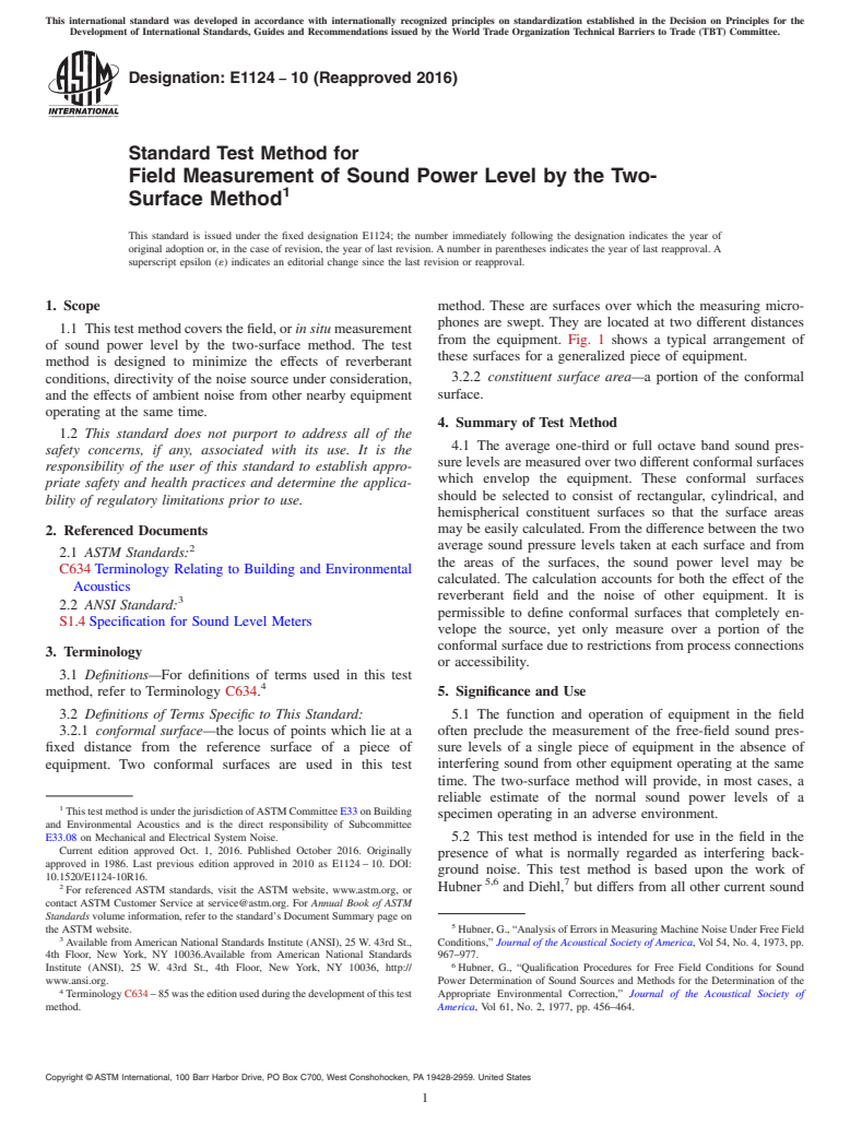 ASTM E1124-10(2016) - Standard Test Method for  Field Measurement of Sound Power Level by the Two-Surface Method