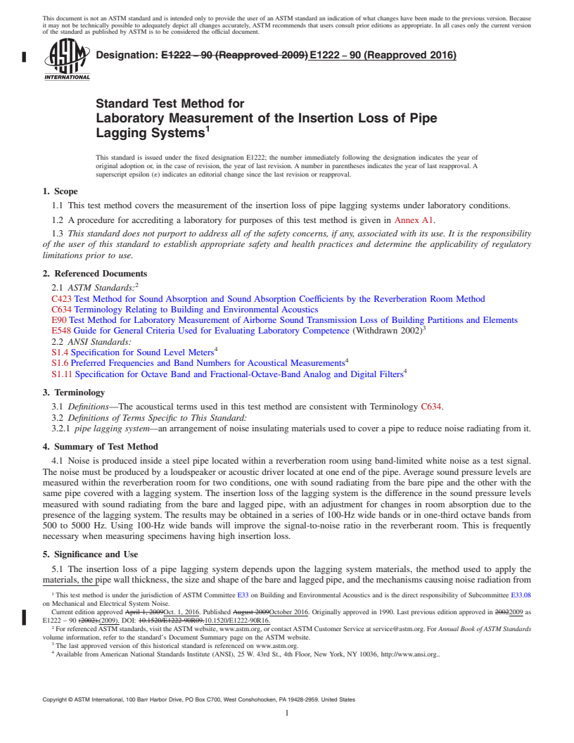 REDLINE ASTM E1222-90(2016) - Standard Test Method for  Laboratory Measurement of the Insertion Loss of Pipe Lagging  Systems