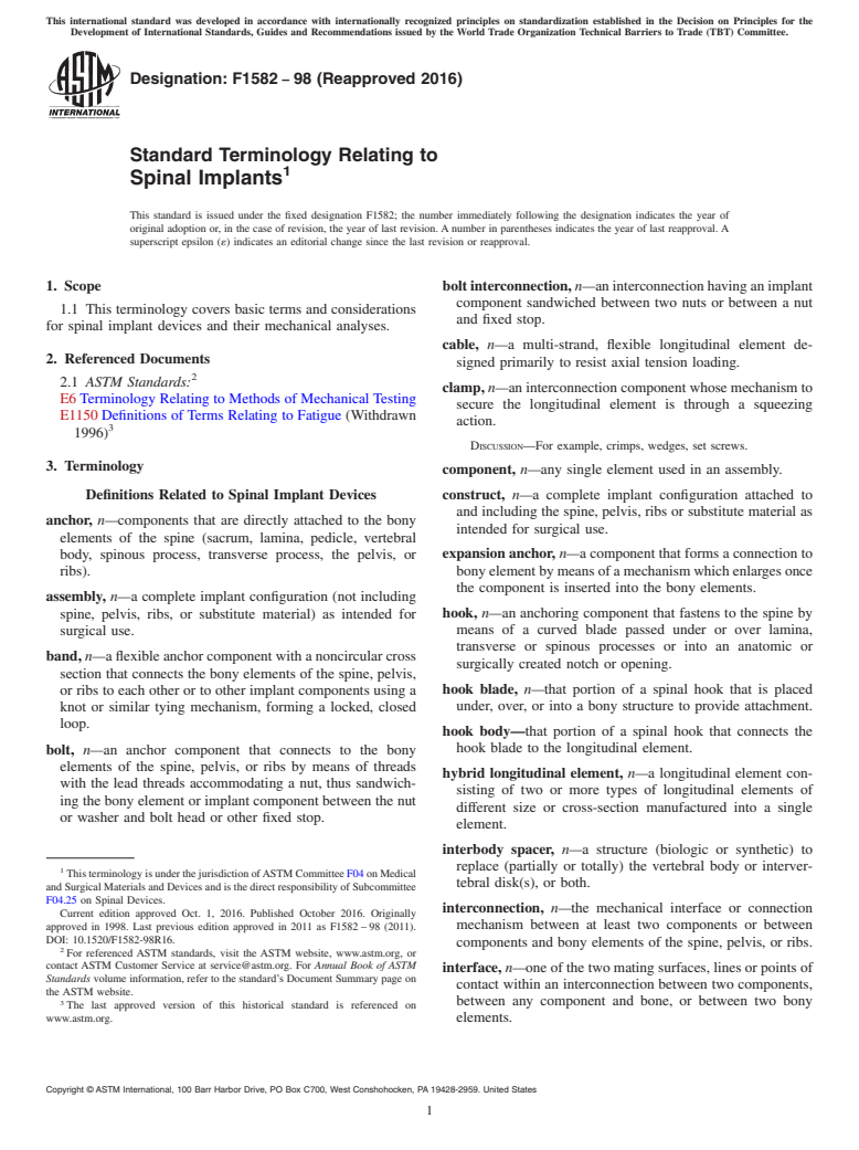 ASTM F1582-98(2016) - Standard Terminology Relating to Spinal Implants