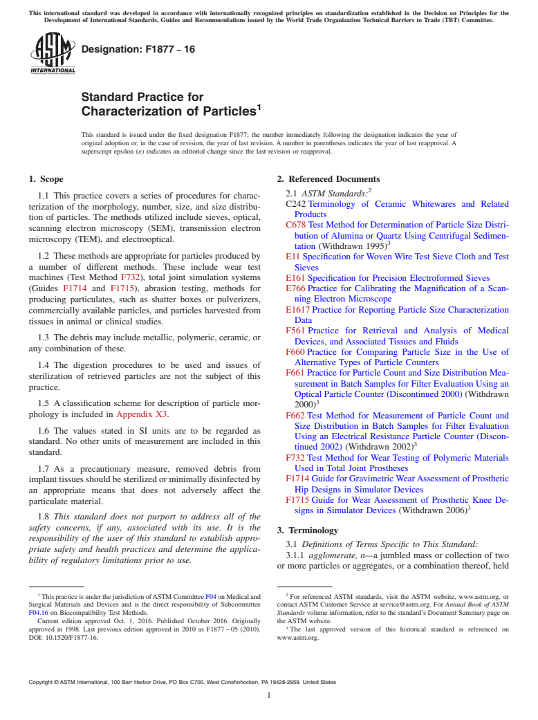 ASTM F1877-16 - Standard Practice for Characterization of Particles